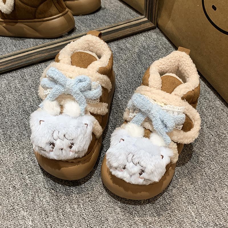 Fashion Women's Fashion Flat Shoes Winter New Round Head Suede Cartoon Decoration Thick Soles Soft Soles Non-slip Low Top Shoes