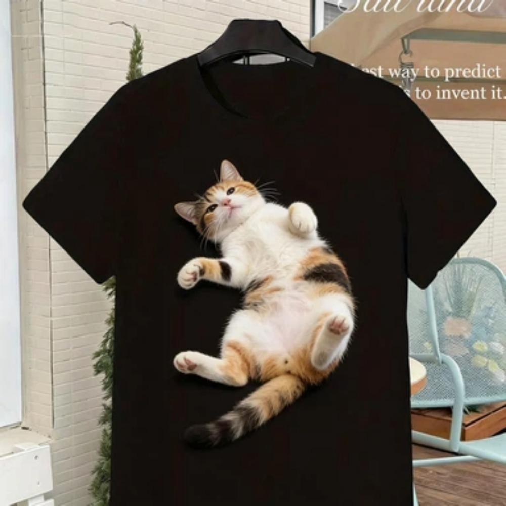 Retro Y2K Tuxedo Cat Print T-Shirt, Soft Breathable Crew Neck Short Sleeve Tee for Men Women, Casual All-Season Wear, Christmas Gift