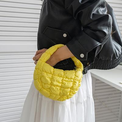 Mini Puffer Tote Bag Quilted Circle Phone Purse Elegant Purple Soft Nylon Padded Key Pouch Simple Trend Handbag