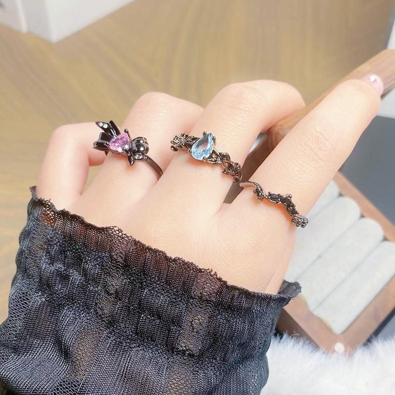 Dark Punk Personality Bow Love Zircon Stacked Open Ring Niche Genderless Style High Sense Ring