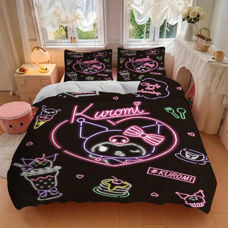 3pcs Kuromi's Sweet Adventure Bedding Set, Including Without Filling, Soft and Comfortable Home BedroomH067