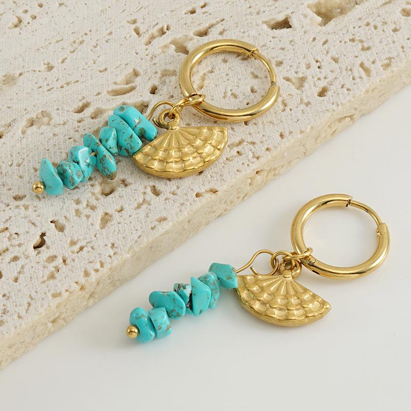 European & American 18k Gold Stainless Steel Blue Turquoise Fan-Shaped Drop Earrings