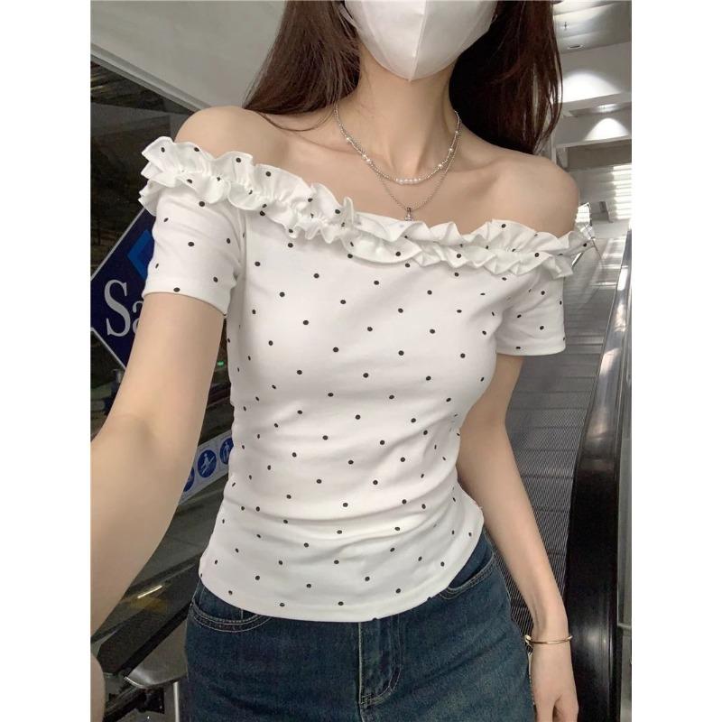 Design Hot Girl's Short Polka-dot Short-sleeved Summer New One-word Chic Slim Top