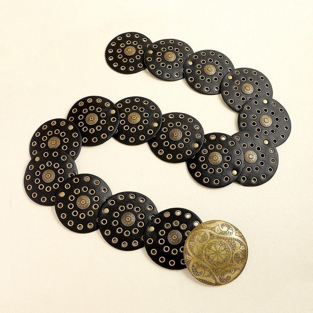 Metal Buckle Disc Belts Round Wide Belts Vintage Hollow Belt  for Women
