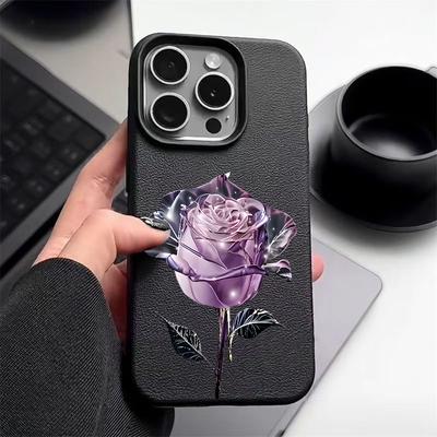 Coque de téléphone en cuir à motif rose cristal violet foncé pour iPhone 16 Pro 15 14 13 12 Pro Max 11 TPU antichoc souple mat mince