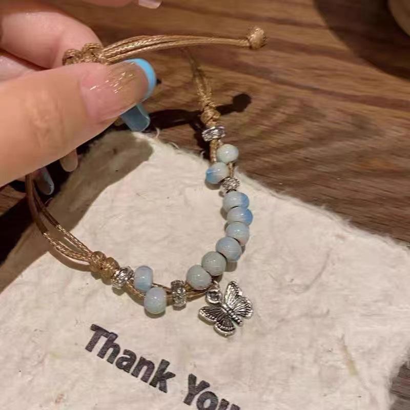 

Ceramic Geometric Handcrafted Bead Bracelet With Adjustable Cord Unisex For Blue Glaze