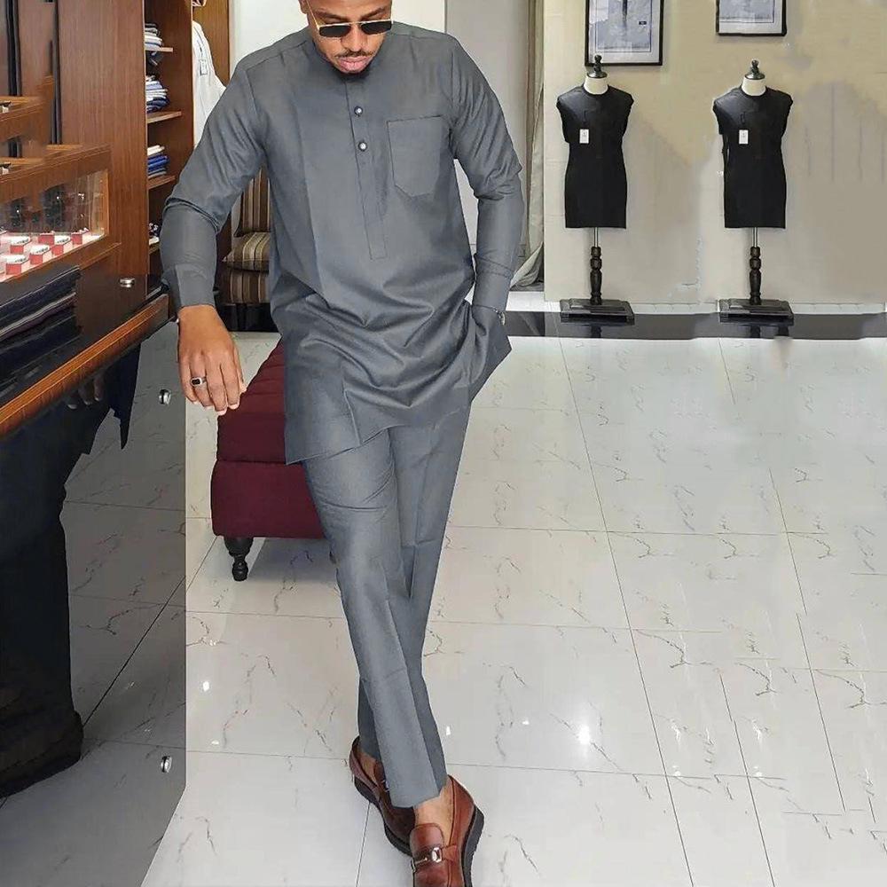 Men's 2-Piece Wedding Suit: Solid Color, Round Neck, Long Sleeve, African Ethnic Style