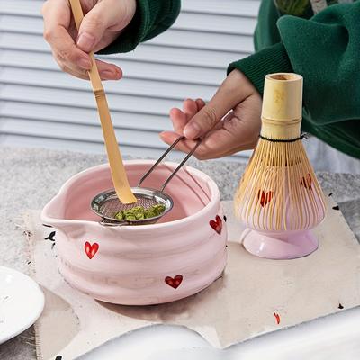 5Pcs Pink Heart Ceramic Matcha Whisk Set with Spouted Bowl Bamboo Whisk Holder Scoop Sifter - Tea Lovers Gift Kit