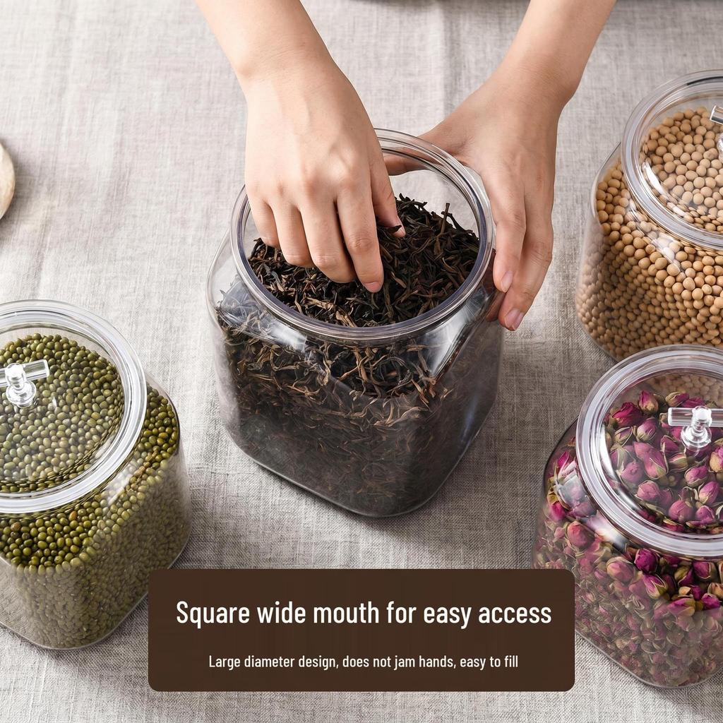 Large Airtight Storage Jar for Dried Tangerine Peel & Grains - Food-Grade PET, Moisture-Proof, Square Design