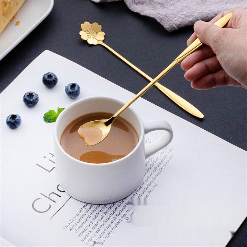 6pcs Stainless Steel Cherry Rose Flower Gold Scoop Coffee Spoon Gifts Kitchen Dessert Tea Accessories Tableware Decoration Set