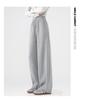 Pantalones de chándal grises de pierna ancha de cintura alta adelgazantes estilo americano para mujer - Primavera Engrosados con Felpa Ajuste Petite