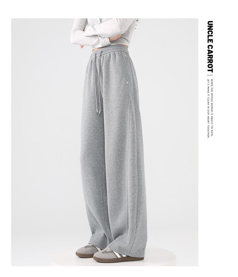 Pantalones de chándal grises de pierna ancha de cintura alta adelgazantes estilo americano para mujer - Primavera Engrosados con Felpa Ajuste Petite