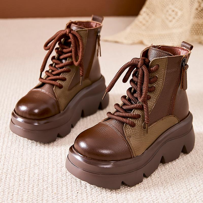 Fashion GKTINOO Genuine Leather Ankle Boots Round Toe Thick Soled Flat Platform Women's Shoes Autumn Winter Retro Handmade Short Boots