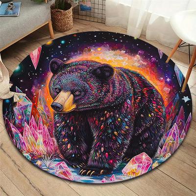 Iridescent Crystal Animal PortraitsRound Area Rug,Carpet Rug for Living Room Bedroom Sofa Playroom Decor,Non-slip Floor Mat