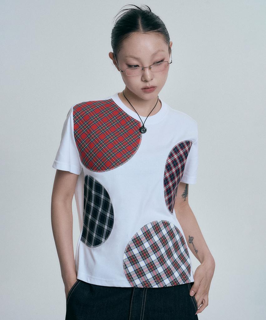 MOO Check Circle Patchwork Short Sleeve T-Shirt - White