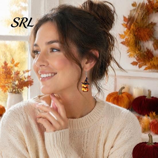 Holiday Gift for Her 1 Pair Halloween Pumpkin Earrings Women, 2 Stacking Retro Orange Witch Drop Dangle with Hat, Acrylic Costume Jewelry Niche Style