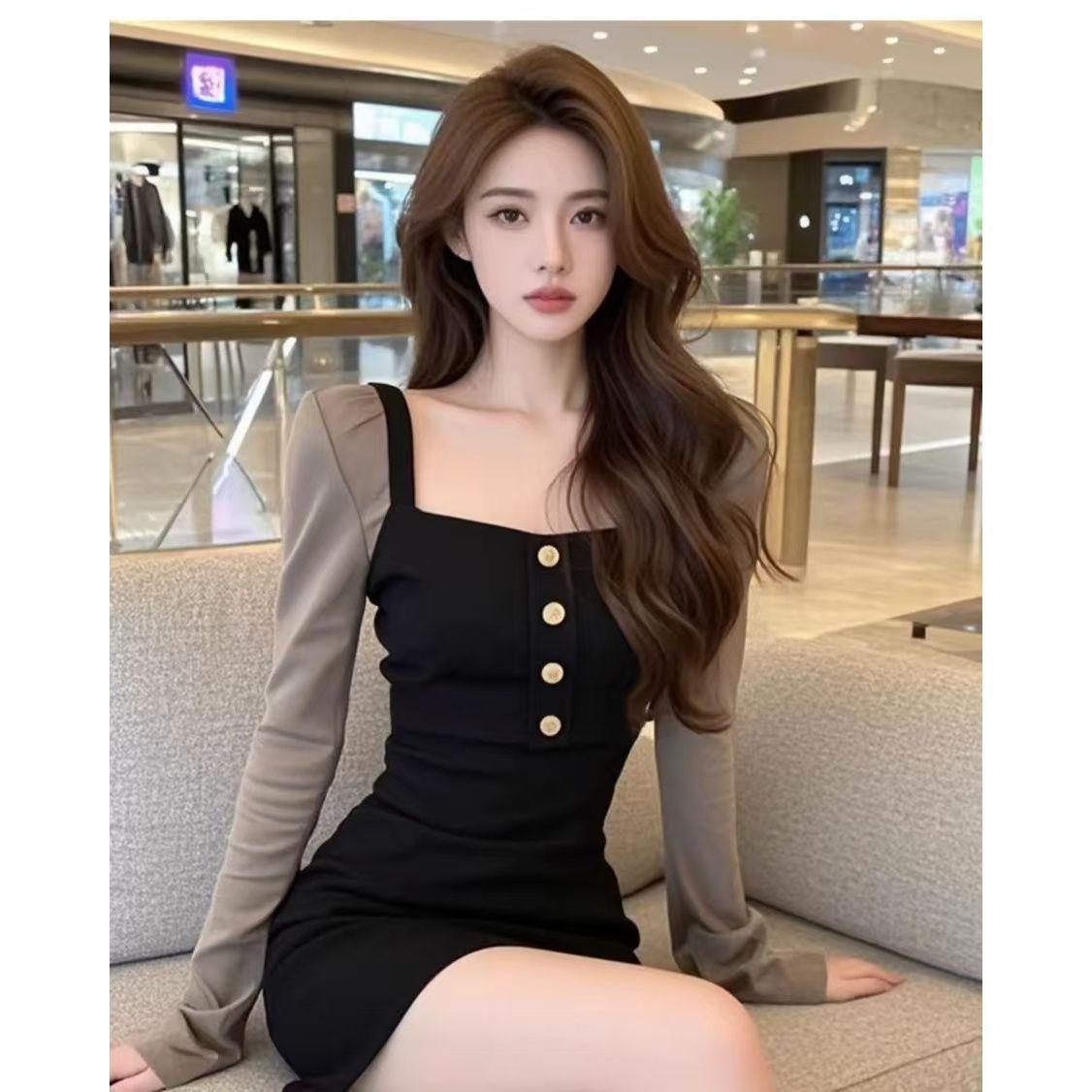 Chic Square Neck Color Block Waist-Cinched Slimming Dress L