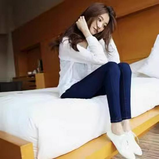 Spring Autumn Slim Fit Mid-Waist Women's Skinny Blue Elastic Jeans