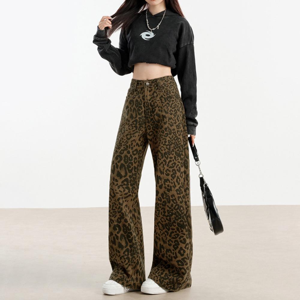 American Personalized Leopard Print Jeans Women's Spring and Autumn New High-waisted Straight Loose Wide-leg Mopping Jeans