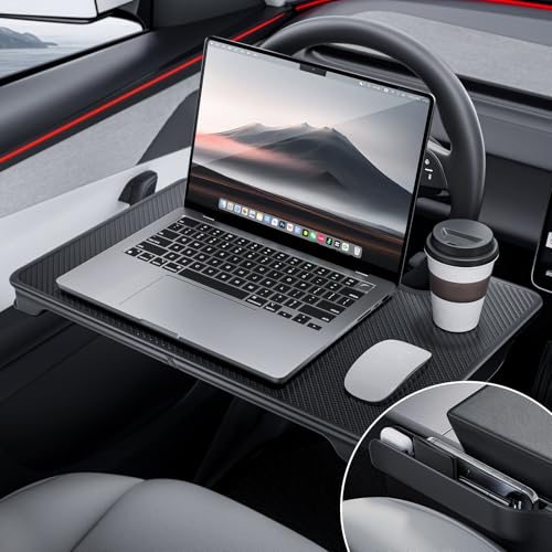 

YONZEE 2-in-1 Foldable Car Steering Wheel Table, Steering Wheel Desk with Car Gap Cushion & Storage Box, Carbon Fiber Look, Seat Gap Organizer, Suitab