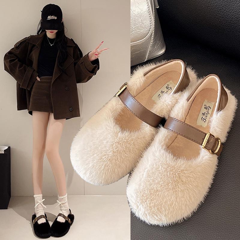 French fluffy shoes for women's outer wear 2025 autumn and winter new one-pedal plush Mary Jane Doudou single shoes cotton shoes