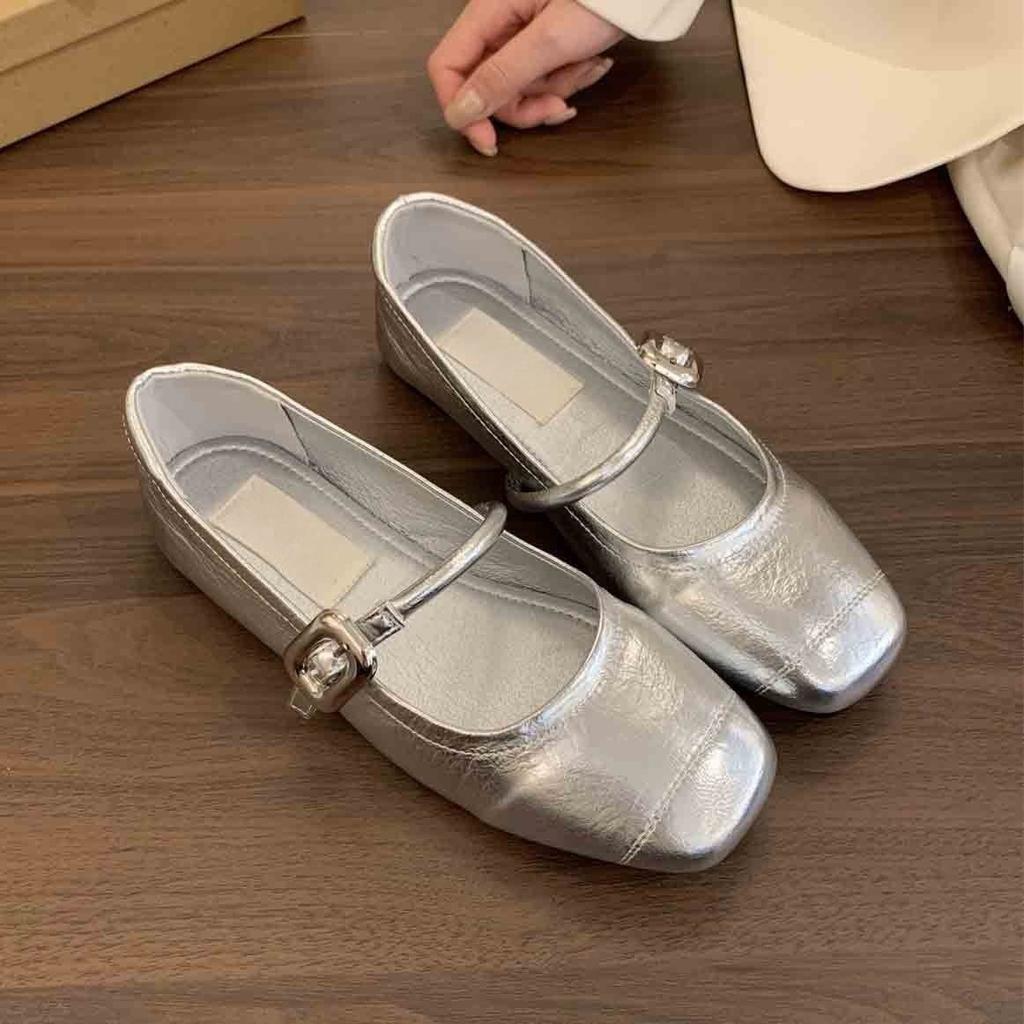 Silver Light Mouth Single Shoes Women's Spring and Autumn Casual Retro Small Leather Shoes Soft Flat Mary Jane Shoes