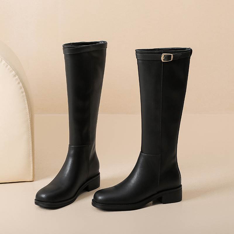 Krazing Pot Cow Split Skin Round Toe Med Heels Knight Boots Size 46 Size 45 Slip On Plus Size Women Metal Buckle Thigh High Boots