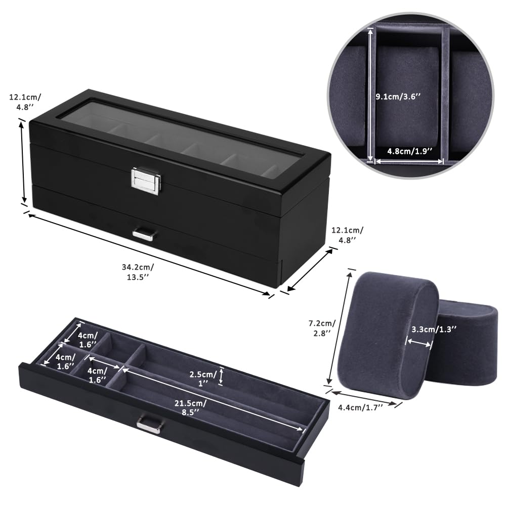 Baskiss Luxury 2-Tier Wooden Watch Case, Holds 6 Watches, and Can Also Store Accessories, Rings, Earrings, and Pens - Collection Case