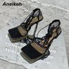 2025 Summer Sexy Mesh Pumps Sandals Female Square Toe High Heel Lace Up Cross-Tied Stiletto Hollow Dress Party Shoes 43