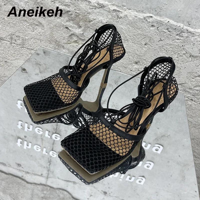 2025 Summer Sexy Mesh Pumps Sandals Female Square Toe High Heel Lace Up Cross-Tied Stiletto Hollow Dress Party Shoes 43