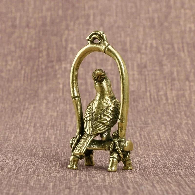 Animal Bird Key Chain Pendant Jewelry Decors Antique Copper Crafts Bird Cage Parrot Figurines Miniatures Desktop Ornaments Brass