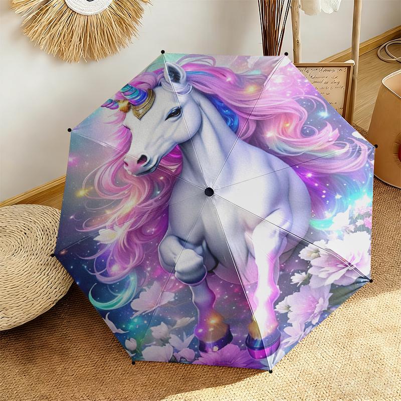 1pc Dreamy Rainbow Unicorn Umbrella Portable Folding Umbrella Iron Frame Hole Bone Structure Outdoor Home Umbrella