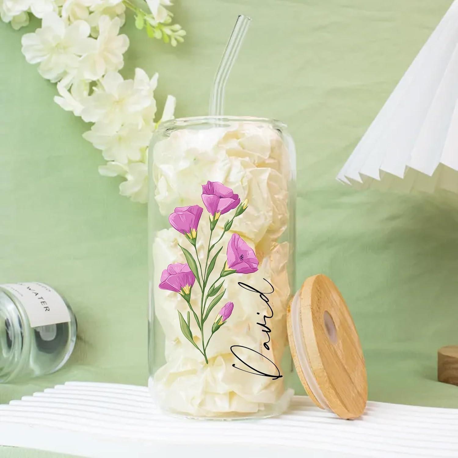 Customizable Flower LOGO Glass Cup, 500ml Water Cup High Borosilicate Glass Cup Soda Can Cup Mason Jar, With Lid and Straw 1 чистый