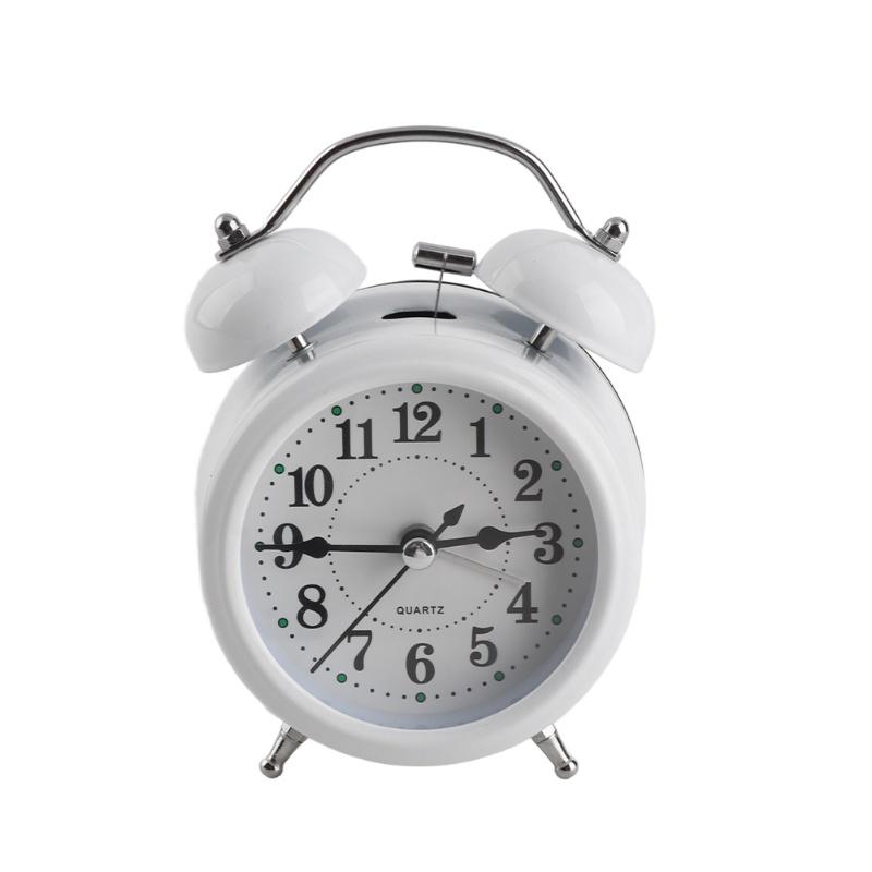 3 Inch Twin Bell Alarm Clock Modern Metal Mechanical Bedside Ringing Alarm Clock Battery Operated Silent Alarm Clock White