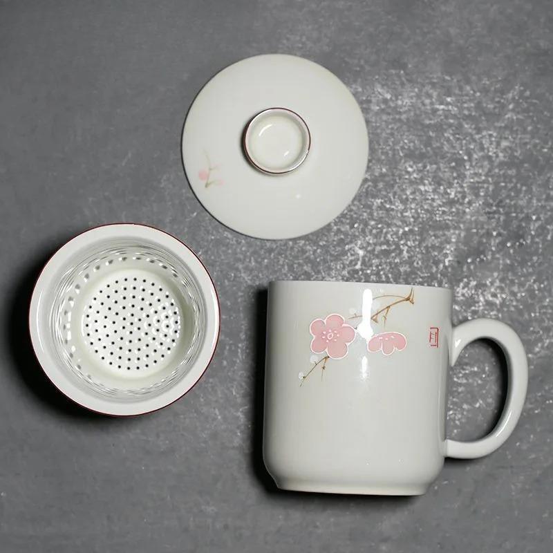 320ml Hand Drawn Peach Blossom Ceramic Filter Tea Separator Cup Tea Brewing Separation Mug Office Work Mug Teacher's Day Gift