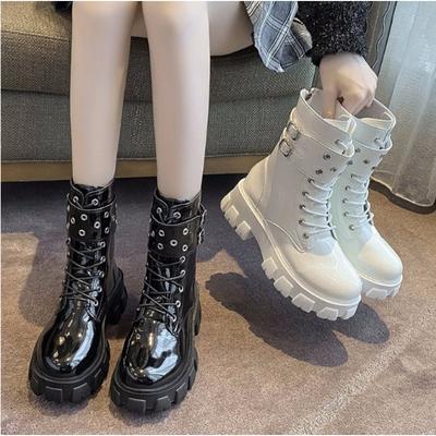 Autumn and Winter Thick-soled Round Head Waterproof Table Middle Tube Martin Boots Rivet Belt Buckle PU Patent Leather Large Size Zipper Women's Boots