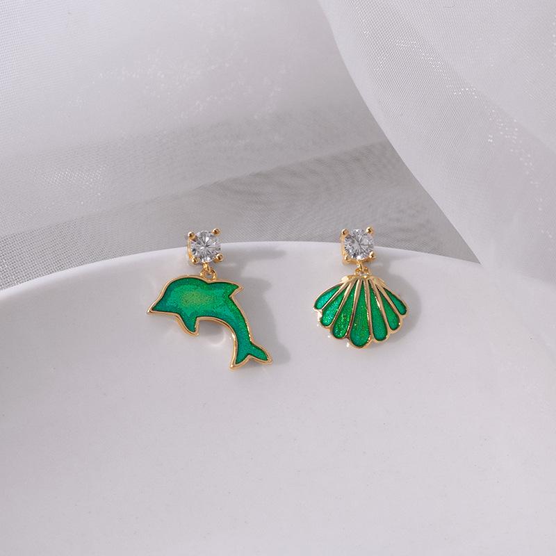 Asymmetric Ocean Shell & Dolphin Zircon Earrings - S925 Silver Glazed Drop Style for Women
