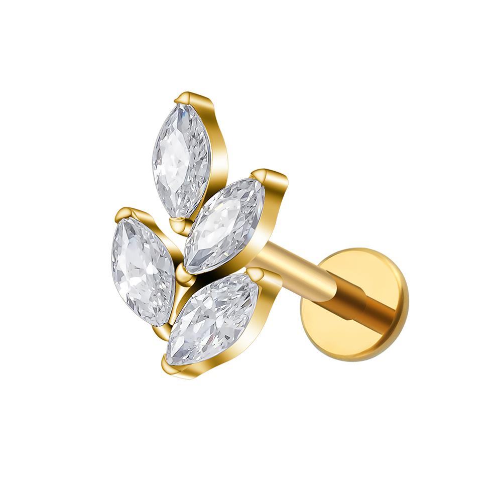 Right Grand ASTM F136 Titanium 16G Marquise CZ Leaf Shaped Cartilage Helix Conch Lobe Ear Piercing Flat Back Earring