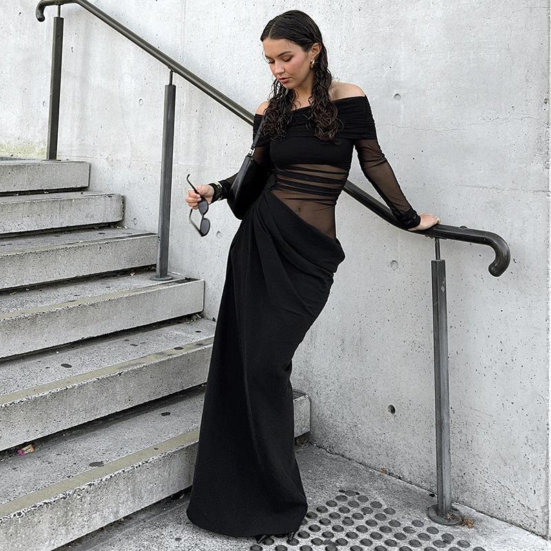 2025 Spring/Summer Women's One-Shoulder Mesh Patchwork Bodycon Dress