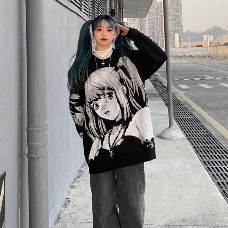 Y2k Gothic Tops Cartoon Bedruckter Rundhals Lockerer Pullover Harajuku Stil Pullover Damen 2D Anime Kleidung