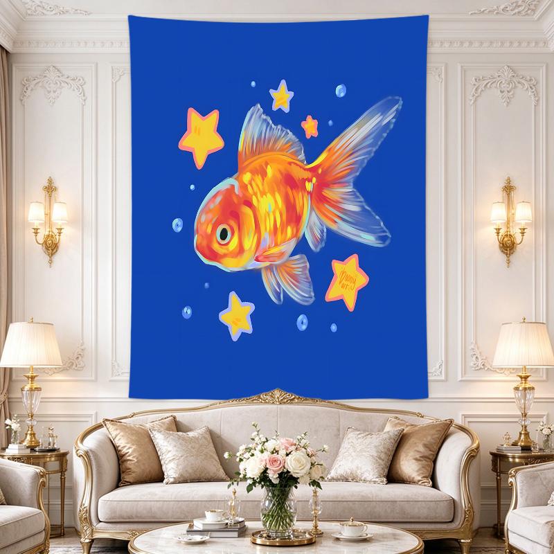 Wall Tapestry, Orange Goldfish Stars Blue for Adult Bedroom Decor