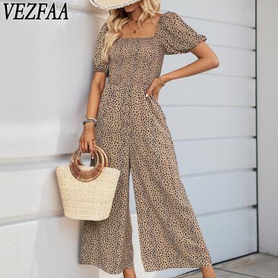 Women's Fashion Casual Summer Spring Short Sleeve Square Collar High Waist Trousers Jumpsuits & Rompers