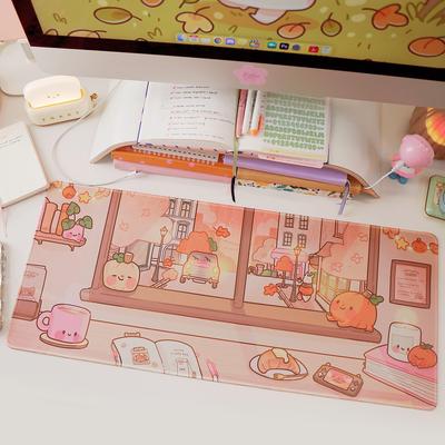 Herbst Gaming-Mauspad Katnipp Kaffeehaus-Szene Kawaii Schreibtischmatte Damen Computer Dekoratives Schreibtischpad Niedrige Handgelenkauflage Mauspad