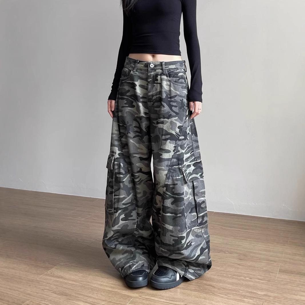 Unisex American Retro Camouflage Multi-Pocket Wide Leg Deconstructed Denim Work Pants XL