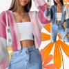 Patchwork Retro Oversize Oříznutý Cardigan Ženy Podzim Zima Móda Pletený svetr s dlouhým rukávem Dámská mikina s otevřeným stehem