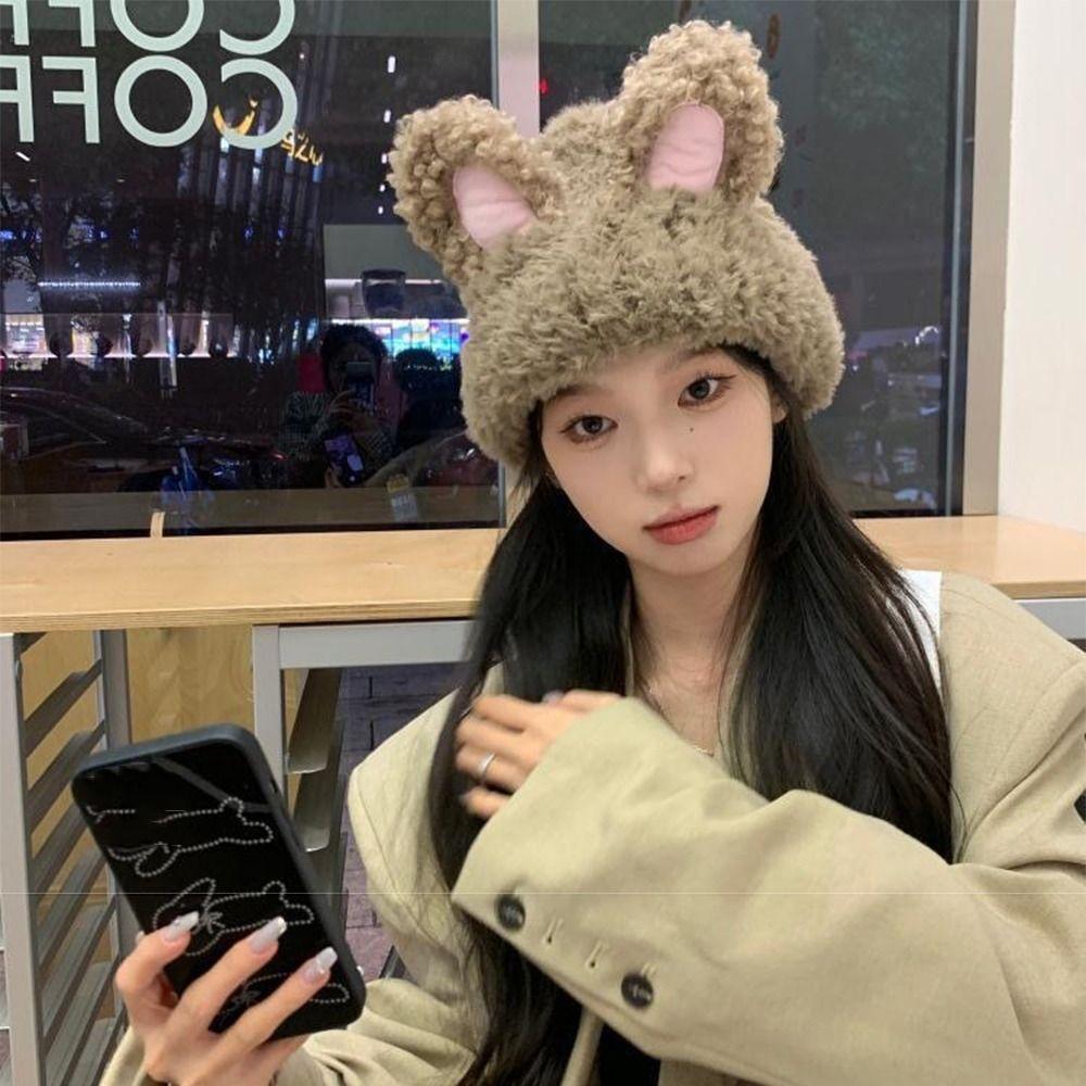 Elastic Rabbit Ear Beanies Solid Color Winter Outdoor Warm Cap Knitted Plush Hat Autumn Winter