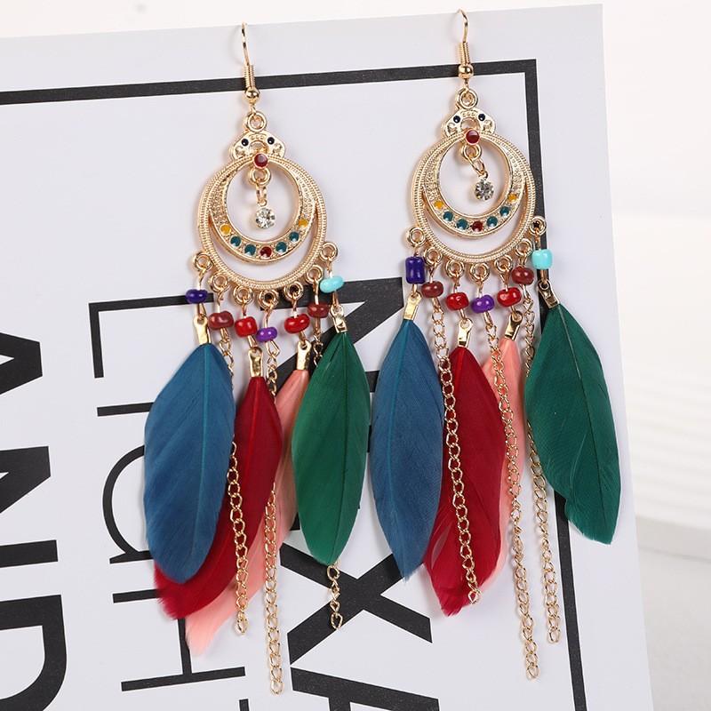 Vintage Bohemian Feather Tassel Earrings Exaggerated Ethnic Vacation Dangle Ear Jewelry Fashion Accessories For Women