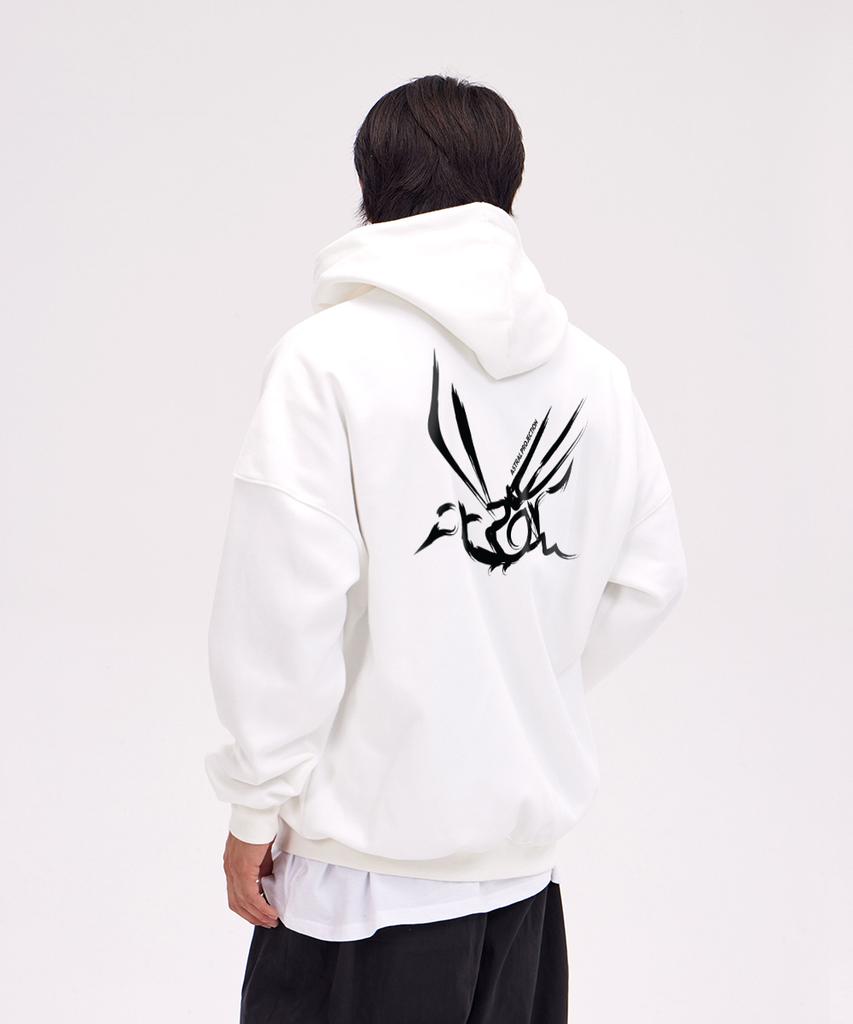 Astral Projection Crows Oversized Wide Shoulder Zip-Up Hoodie_White