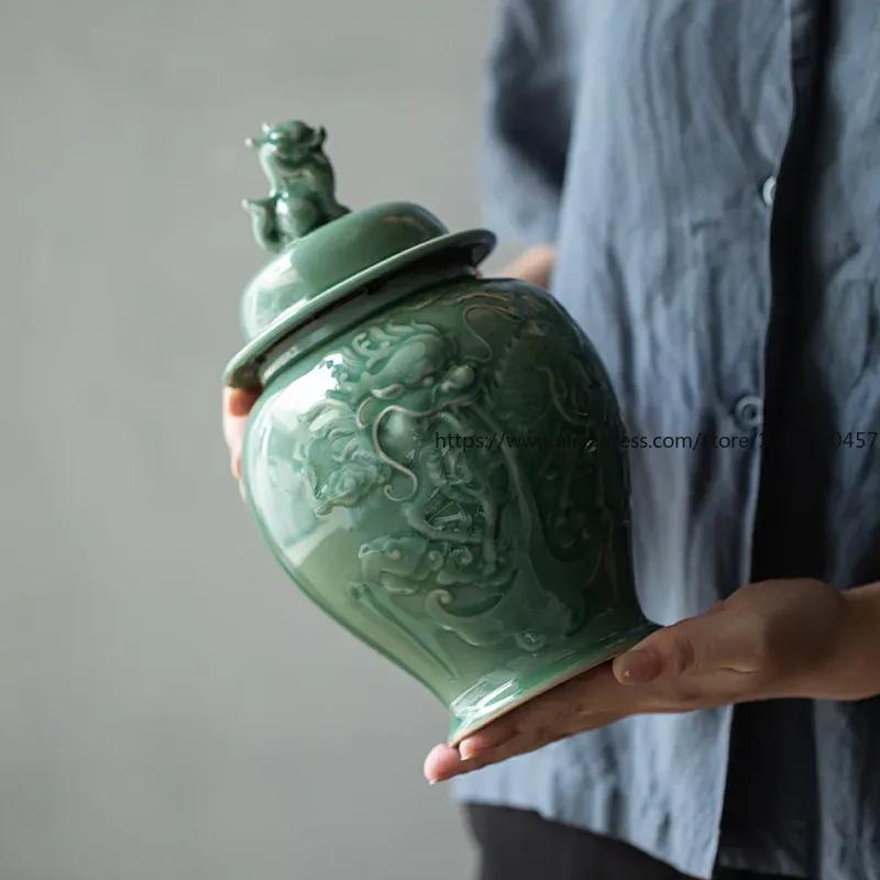 Kirin Mythical Creature Relief Ceramic Storage Jar Ginger Jar Sealed Tea Canister Desk Decoration Jewelry Box Cosmetic Container