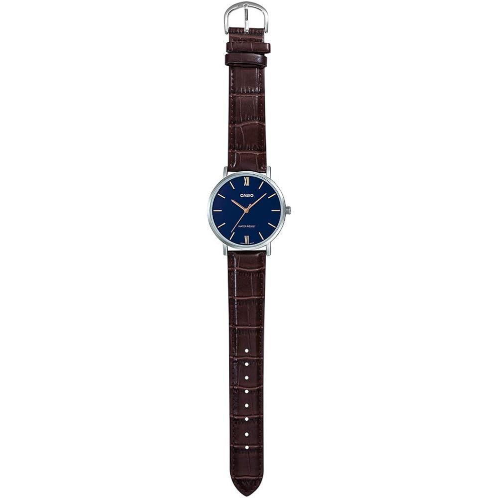 Casio MTP-VT01L-2B Men's Minimal Blue Dial Analog Watch Brown Leather Band Silver Quartz Movement